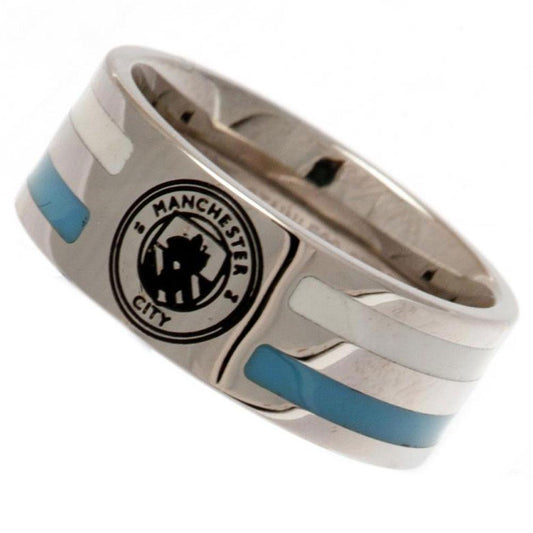Manchester City FC Medium Colour Stripe Ring in Stainless Steel with Iconic Crest