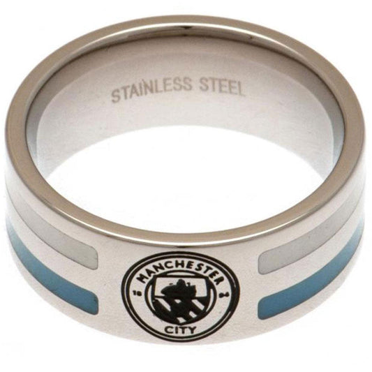 Manchester City FC Medium Colour Stripe Ring in Stainless Steel with Iconic Crest