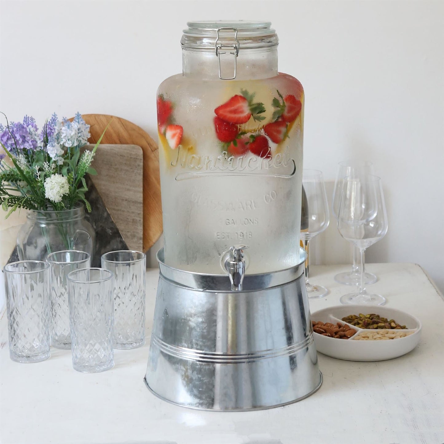 8.7L Glass Drinks Dispenser with Tap & Bucket Stand