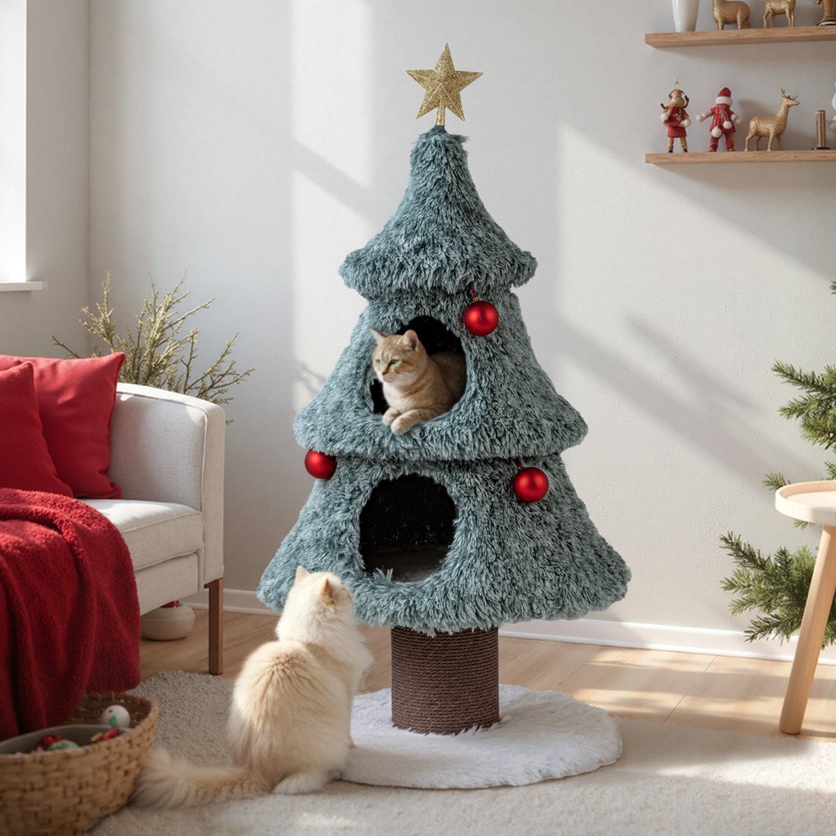 123 cm Christmas Cat Tree Modern Cat Tower with 2 Large Condos-Green