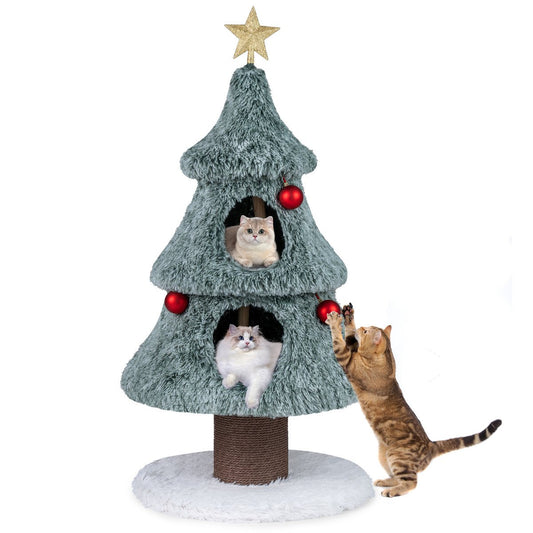 123 cm Christmas Cat Tree Modern Cat Tower with 2 Large Condos-Green
