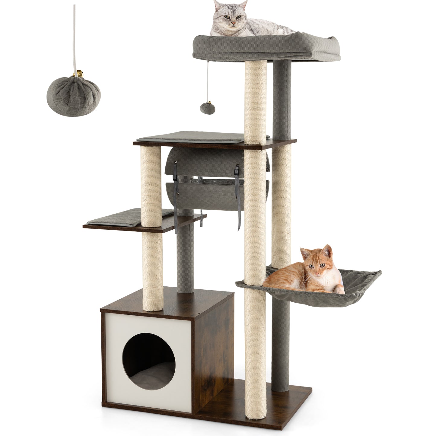 127cm Wood Cat Tree with Hammock and Swing Tunnel-Brown