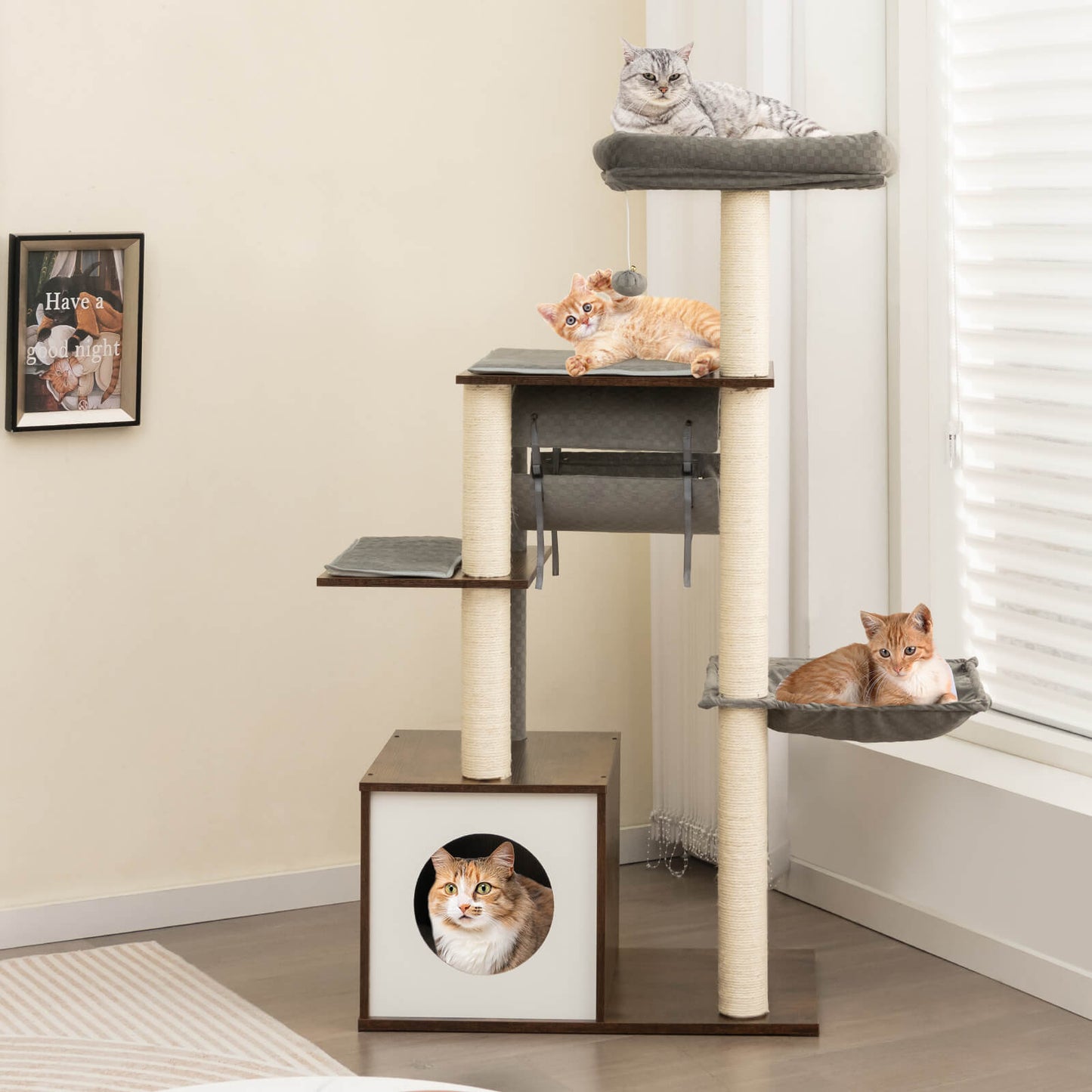 127cm Wood Cat Tree with Hammock and Swing Tunnel-Brown