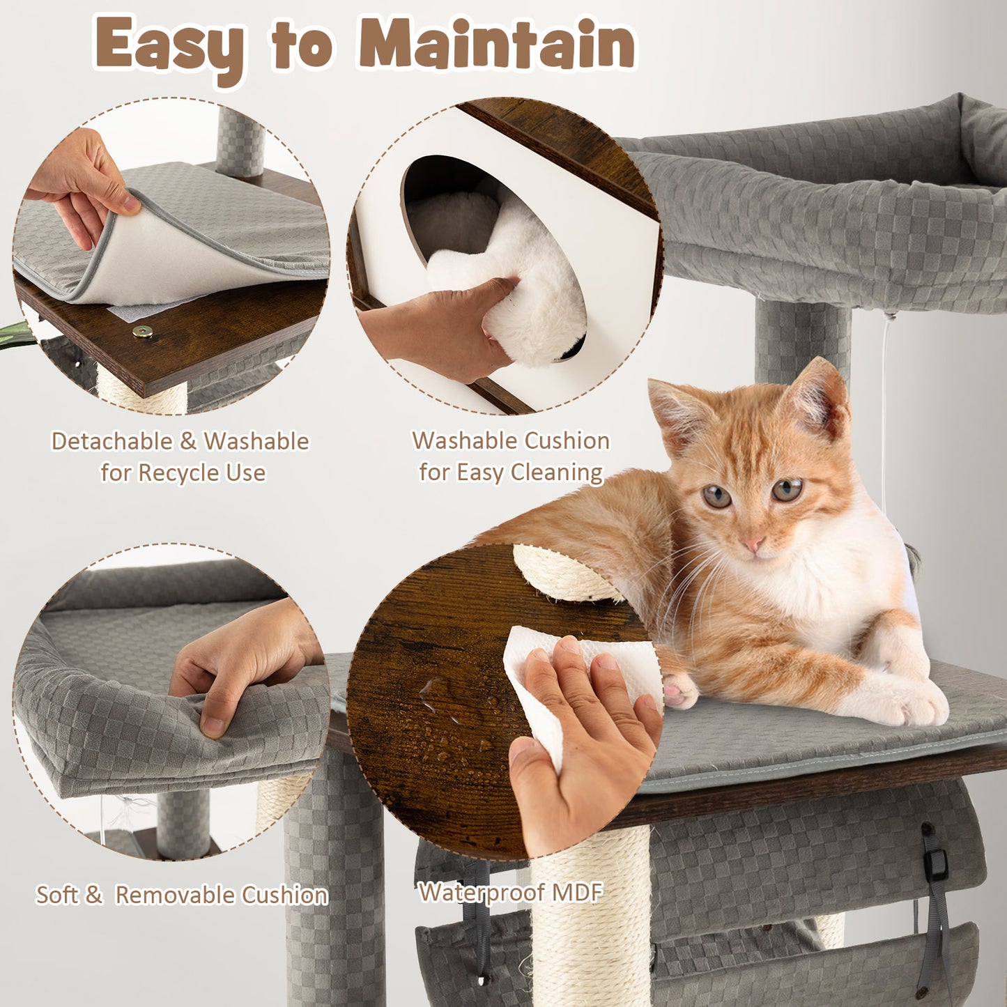 127cm Wood Cat Tree with Hammock and Swing Tunnel-Brown