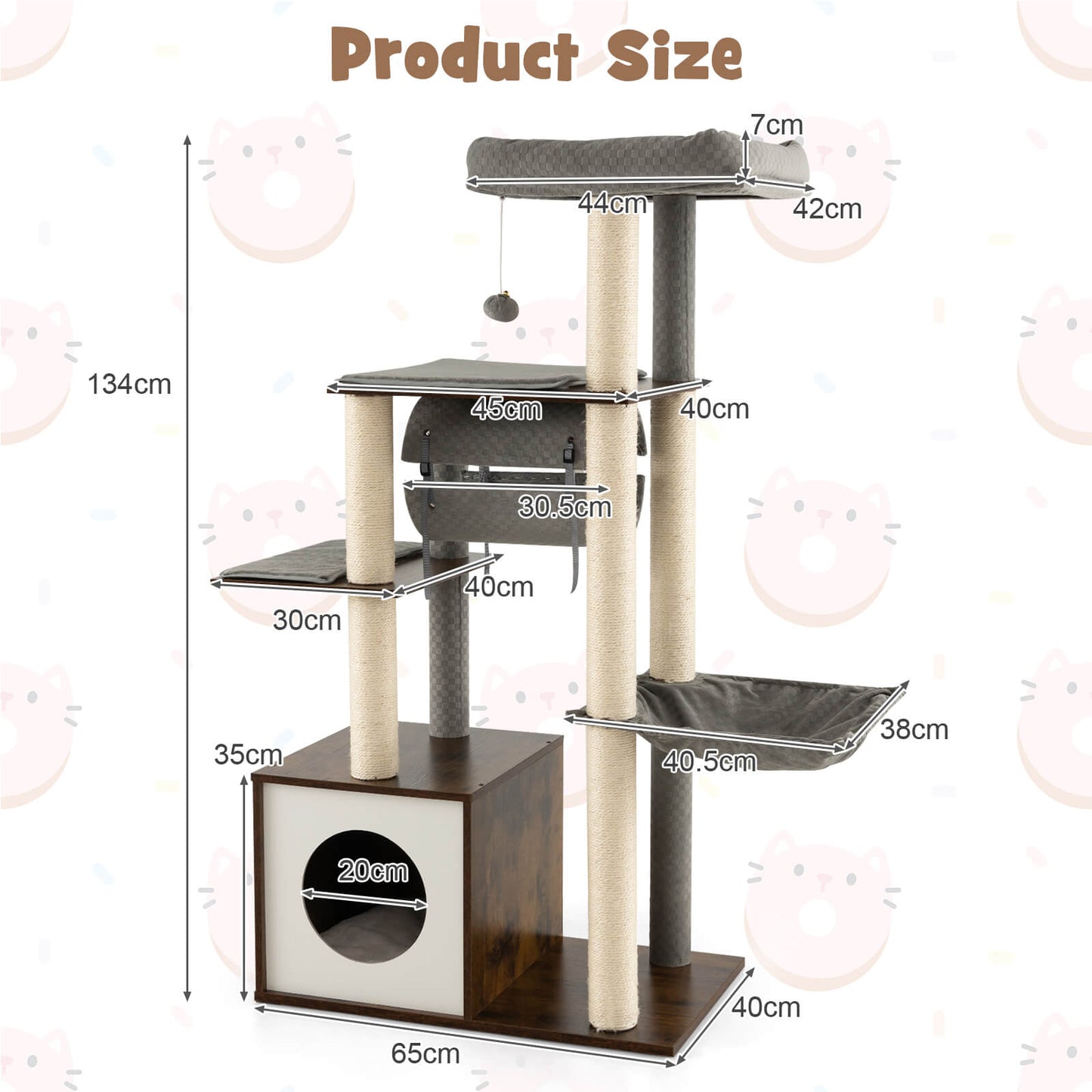 127cm Wood Cat Tree with Hammock and Swing Tunnel-Brown