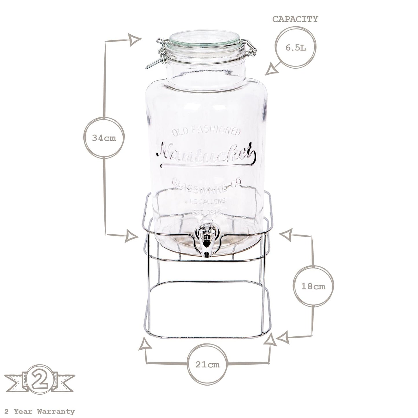 6.5L Glass Drinks Dispenser with Tap & Chrome Stand