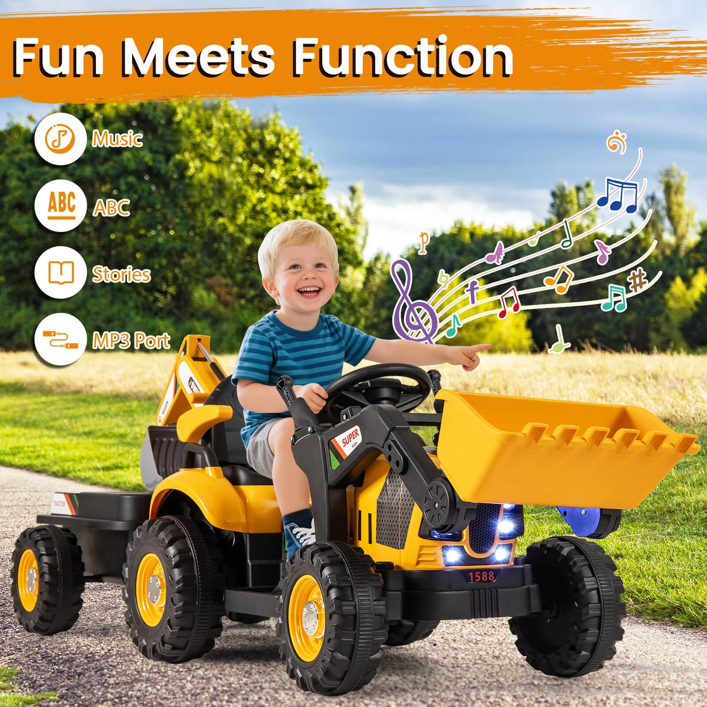 4-in-1 12V Kids Ride on Excavator and Bulldozer with Remote Control-Green