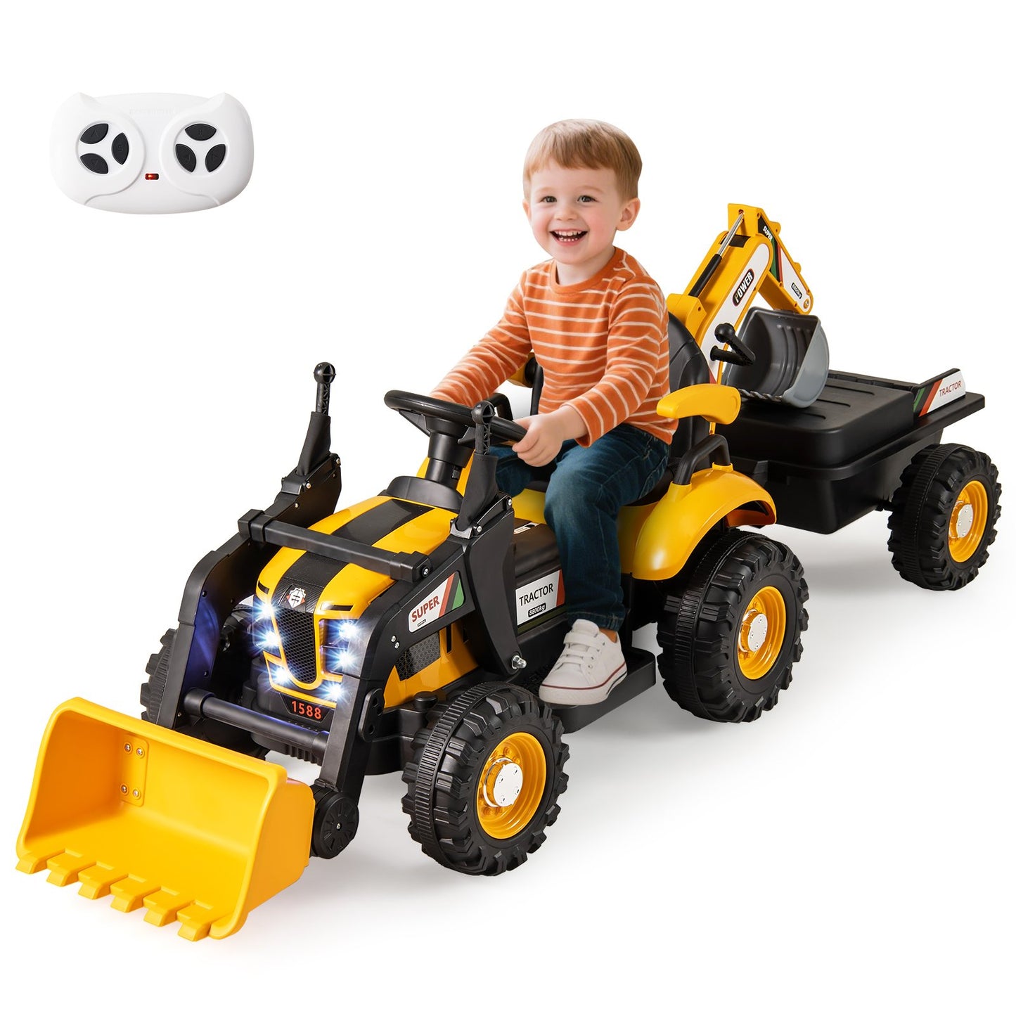 4-in-1 12V Kids Ride on Excavator and Bulldozer with Remote Control-Green