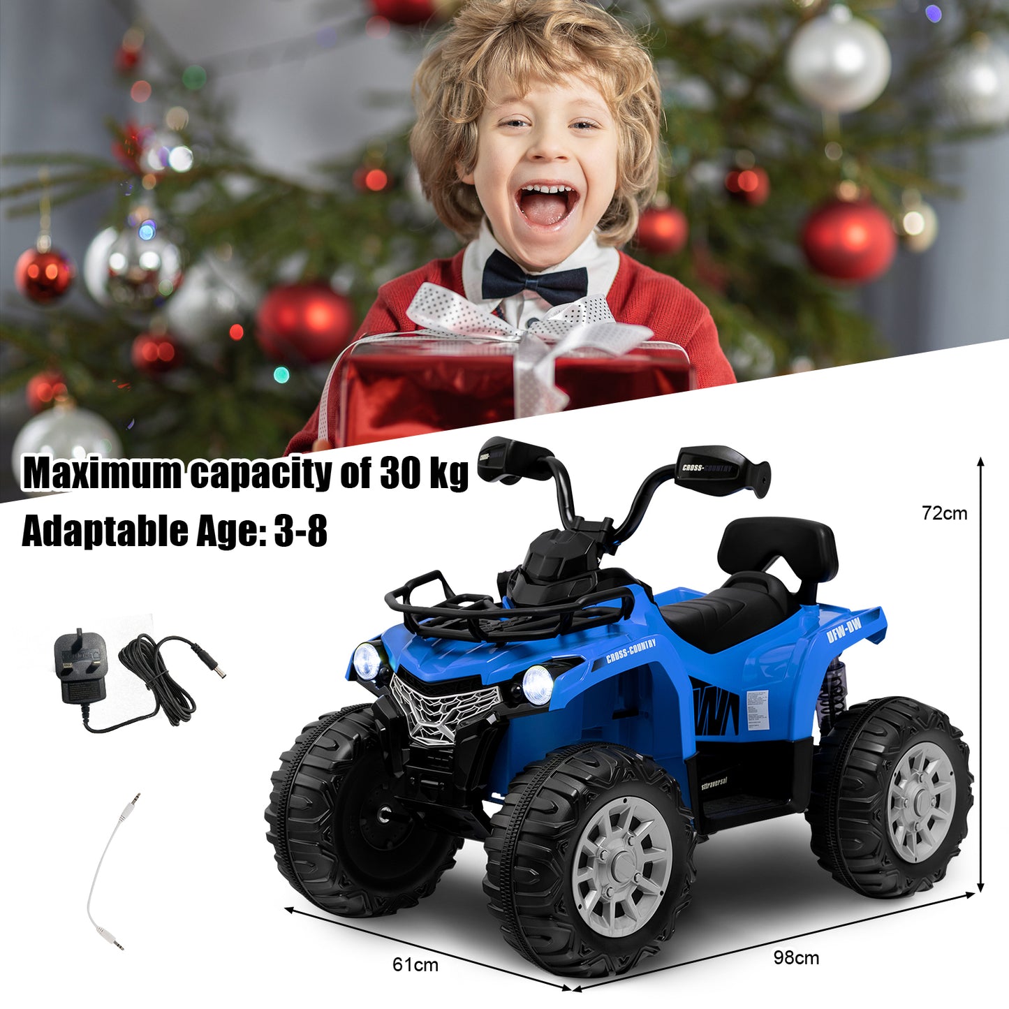 12V Electric Powered Quad Vehicle with Spring Suspension Oversized Wheels and Storage Basket-Black