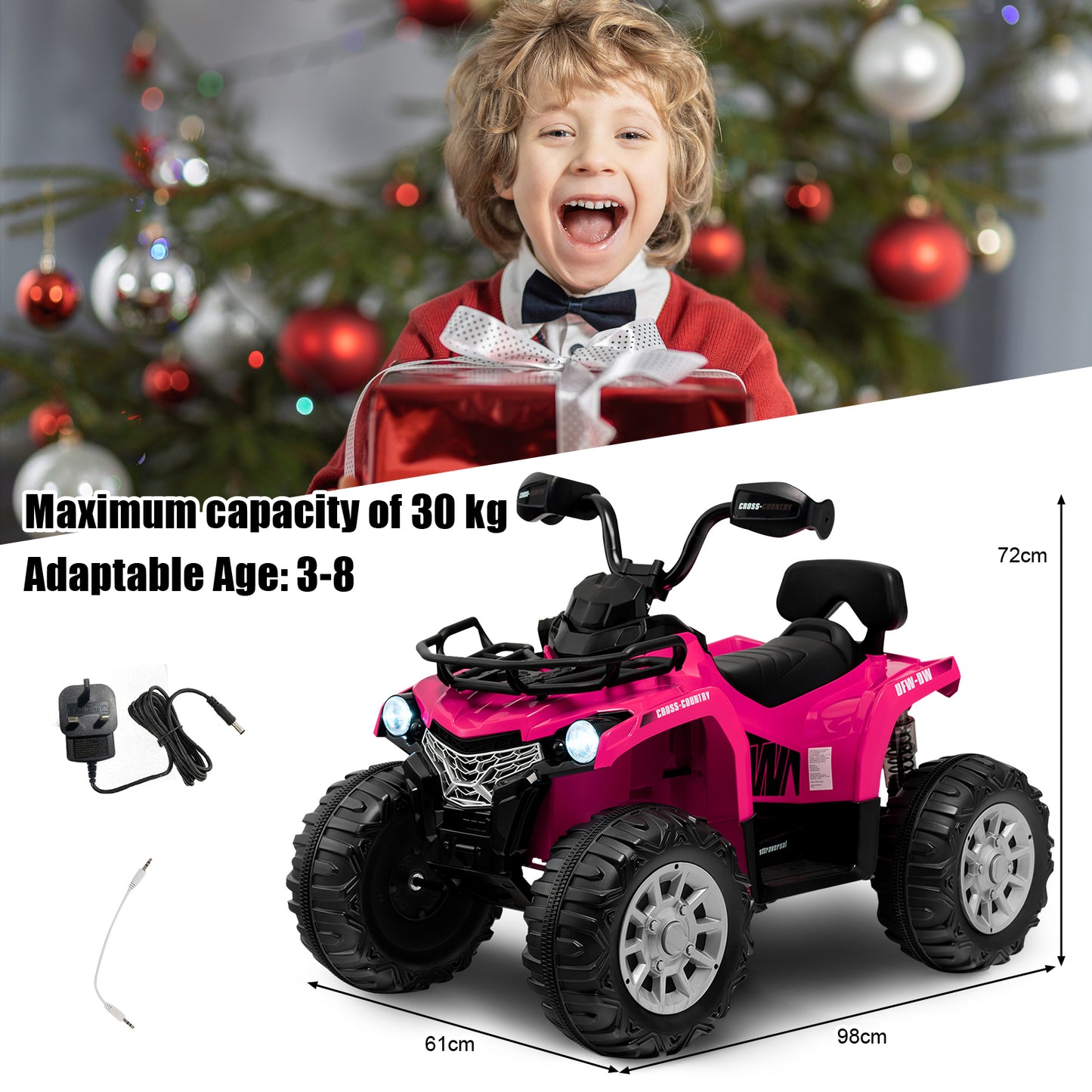 12V Electric Powered Quad Vehicle with Spring Suspension Oversized Wheels and Storage Basket-Black