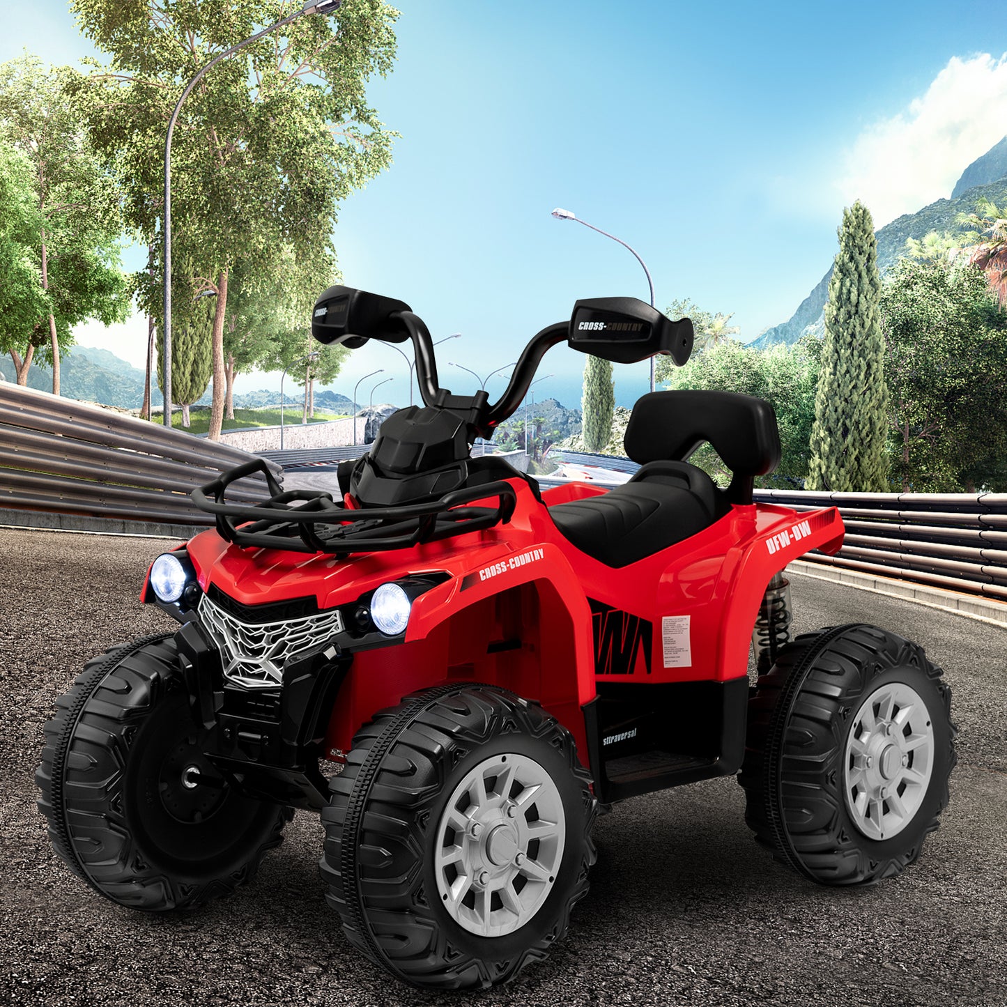 12V Electric Powered Quad Vehicle with Spring Suspension Oversized Wheels and Storage Basket-Black