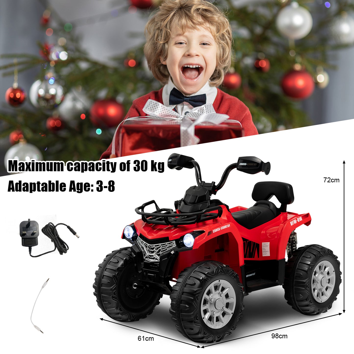 12V Electric Powered Quad Vehicle with Spring Suspension Oversized Wheels and Storage Basket-Black