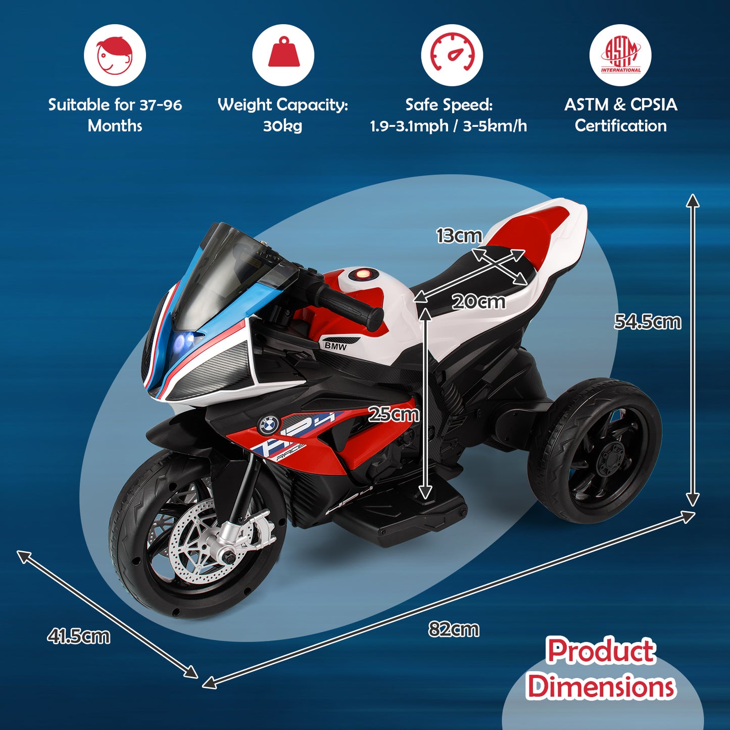 12V Kids Motorcycle Ride-On Toy with Music and Headlight-Blue