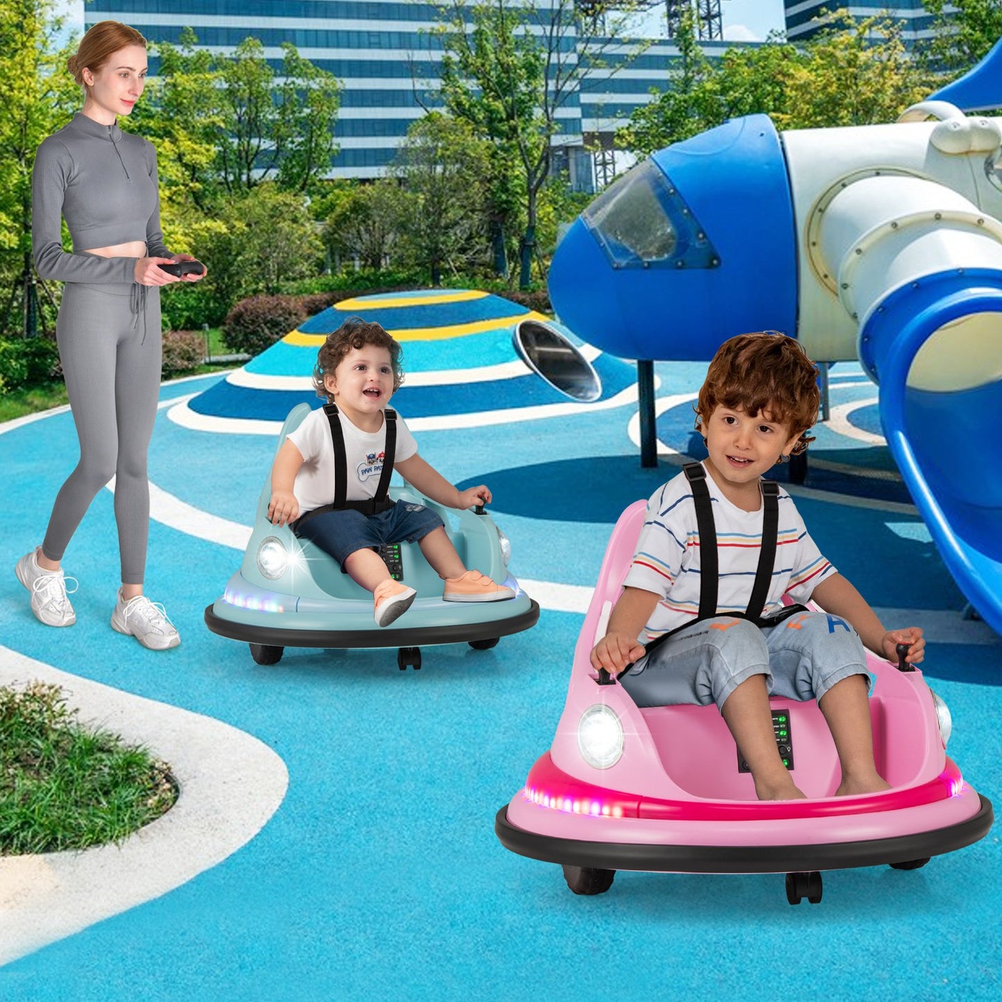 12V Kids Ride On Bumper Car with Dual Joysticks and 5 Light Effects-Blue