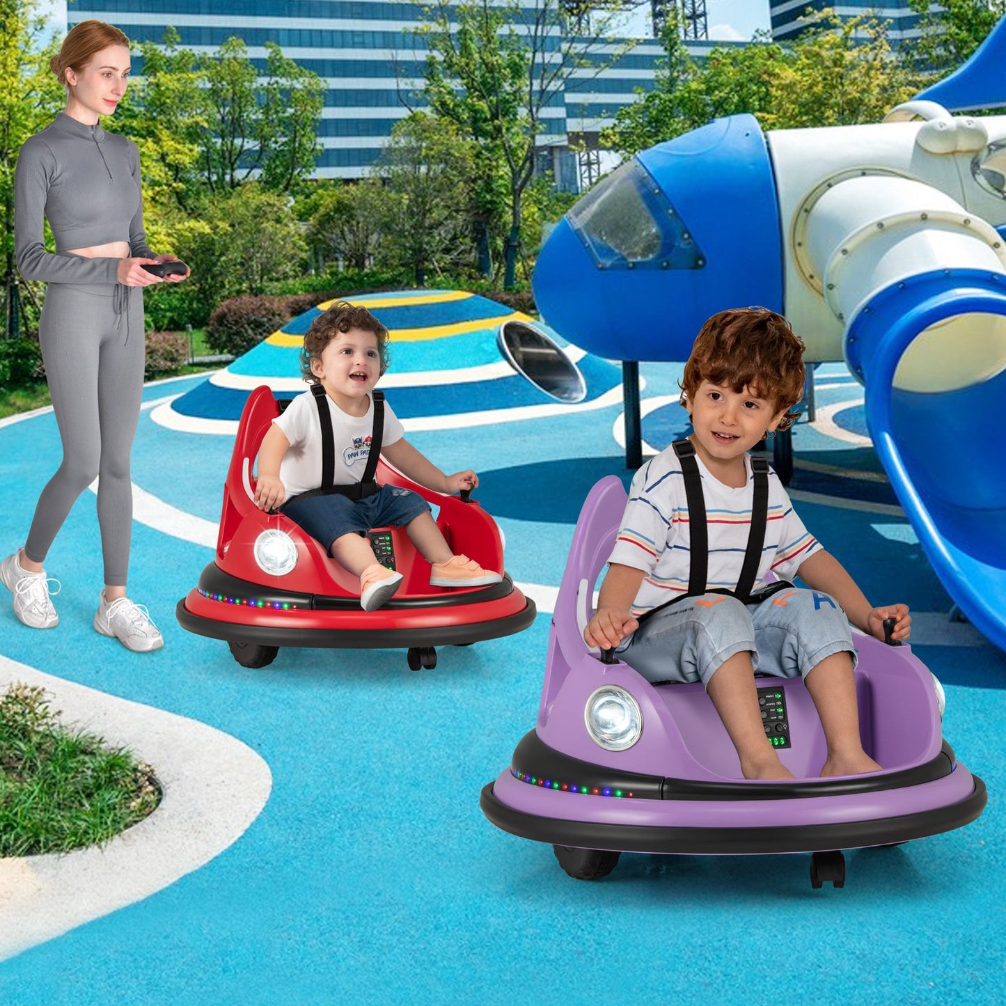 12V Kids Ride On Bumper Car with Dual Joysticks and 5 Light Effects-Blue