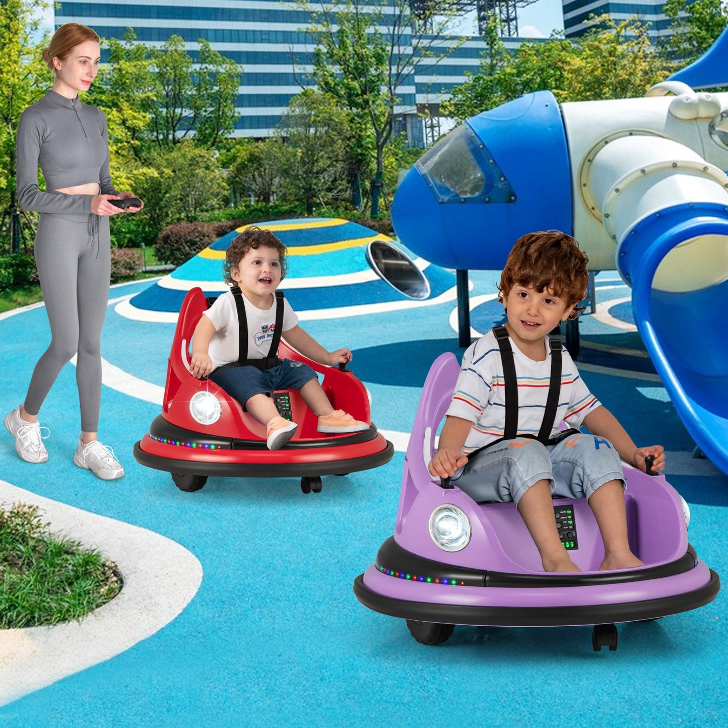 12V Kids Ride On Bumper Car with Dual Joysticks and 5 Light Effects-Blue