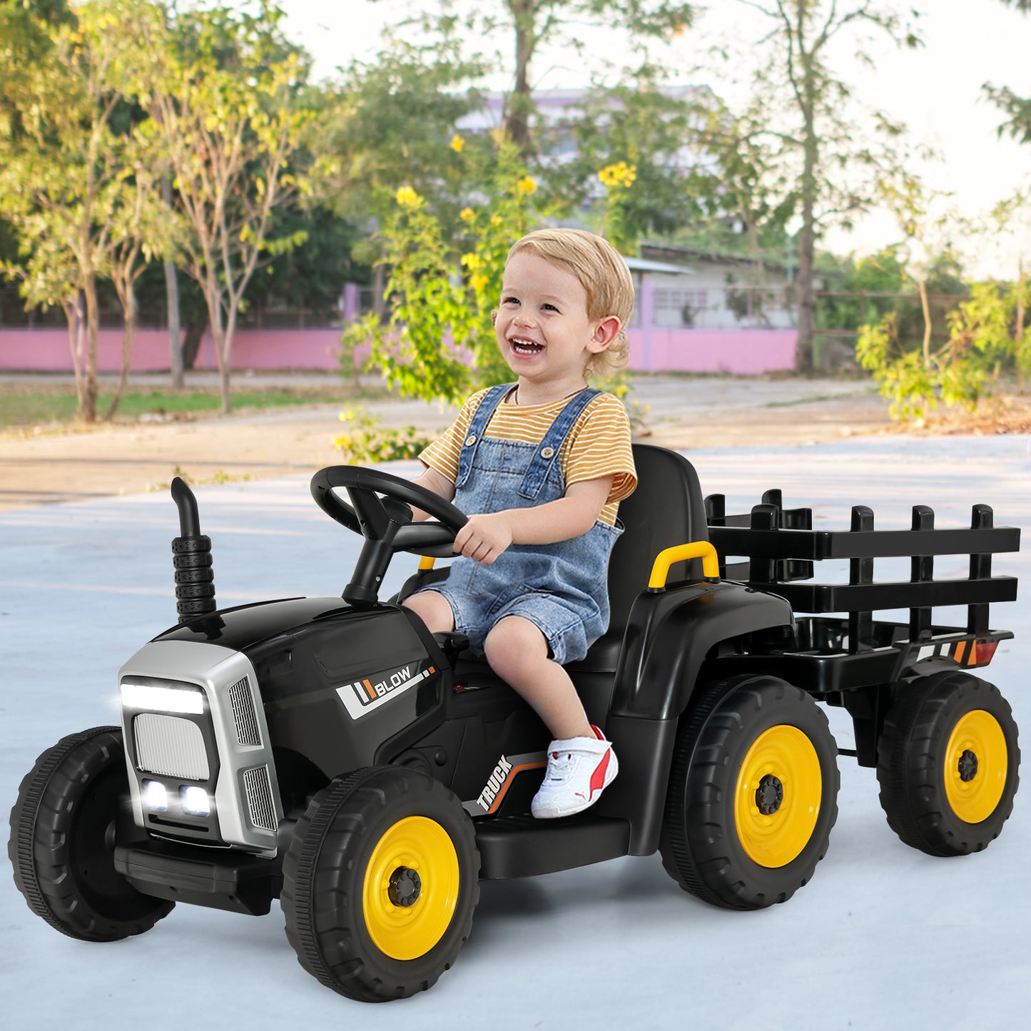 12V Kids Ride On Tractor with Trailer Music and LED Lights-Pink