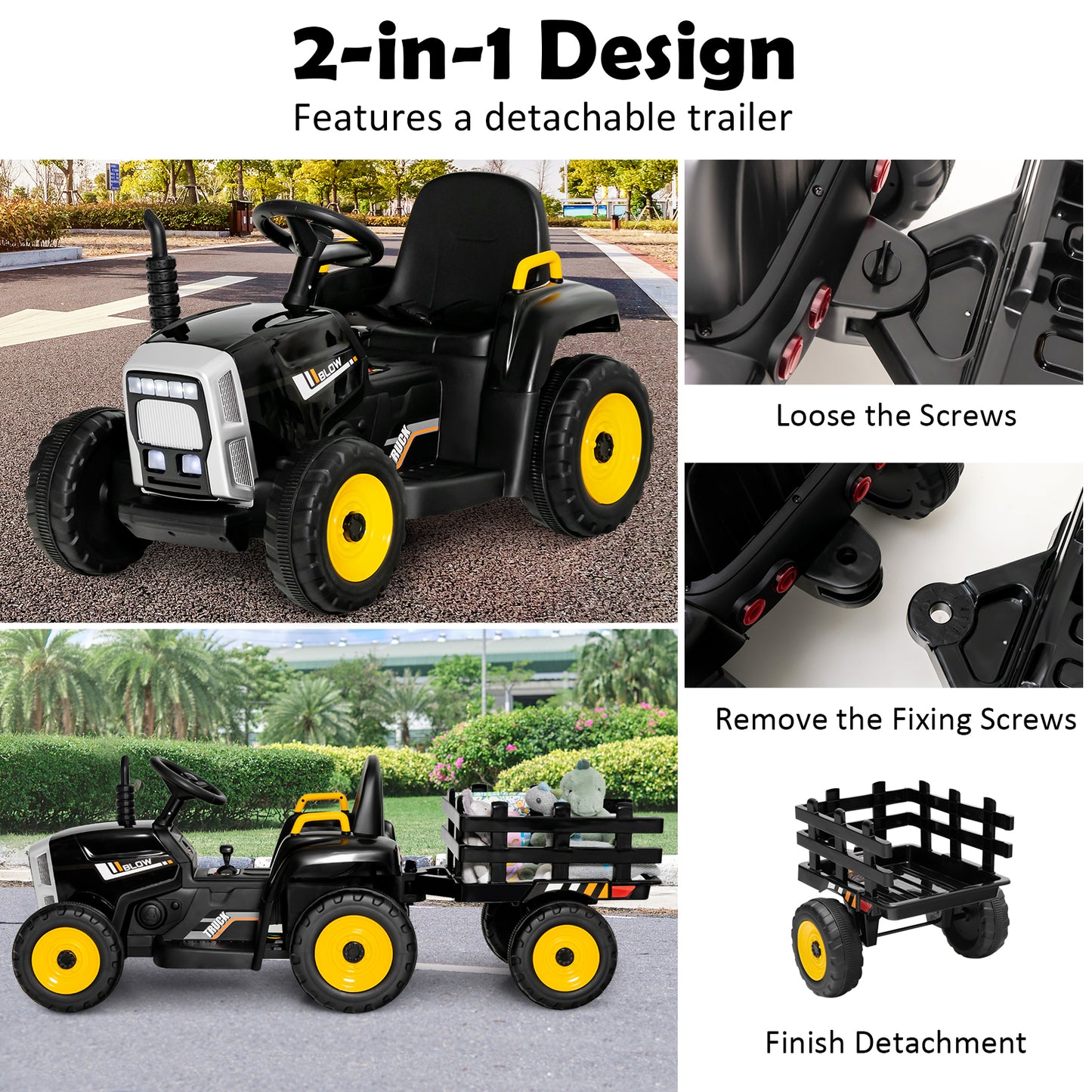 12V Kids Ride On Tractor with Trailer Music and LED Lights-Pink