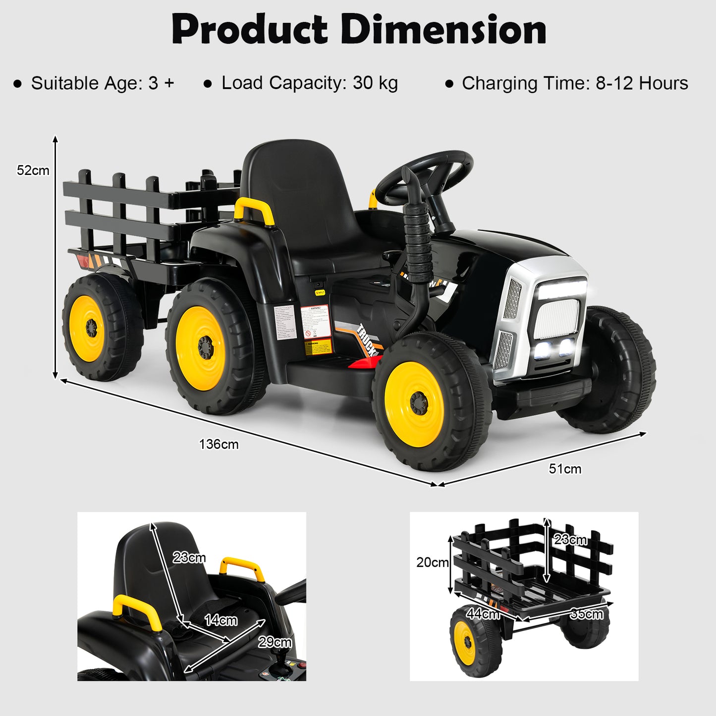 12V Kids Ride On Tractor with Trailer Music and LED Lights-Pink