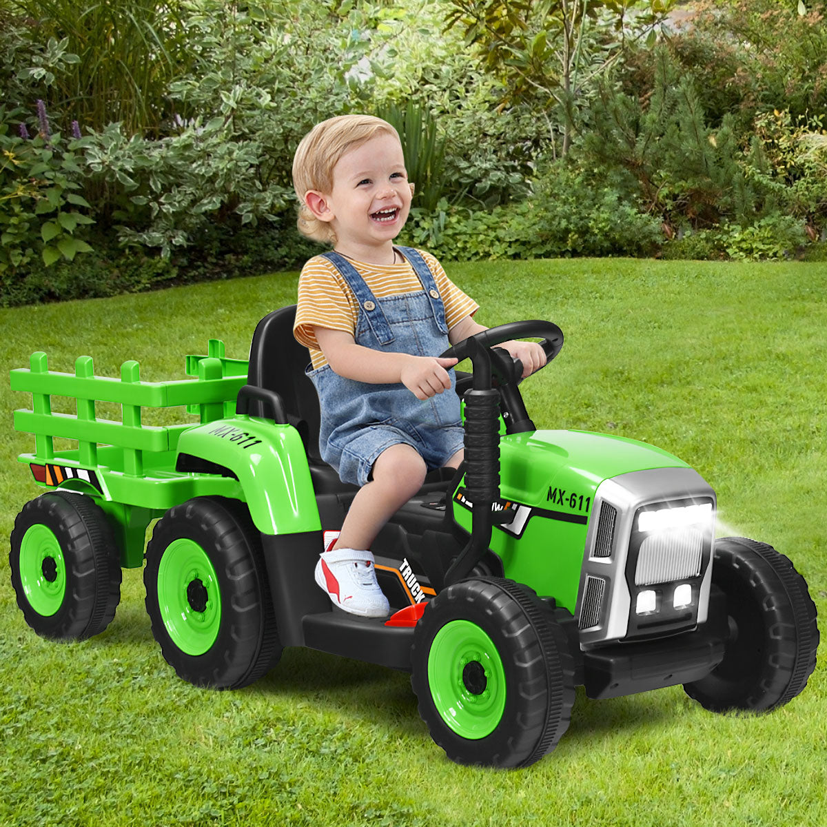 12V Kids Ride On Tractor with Trailer Music and LED Lights-Pink