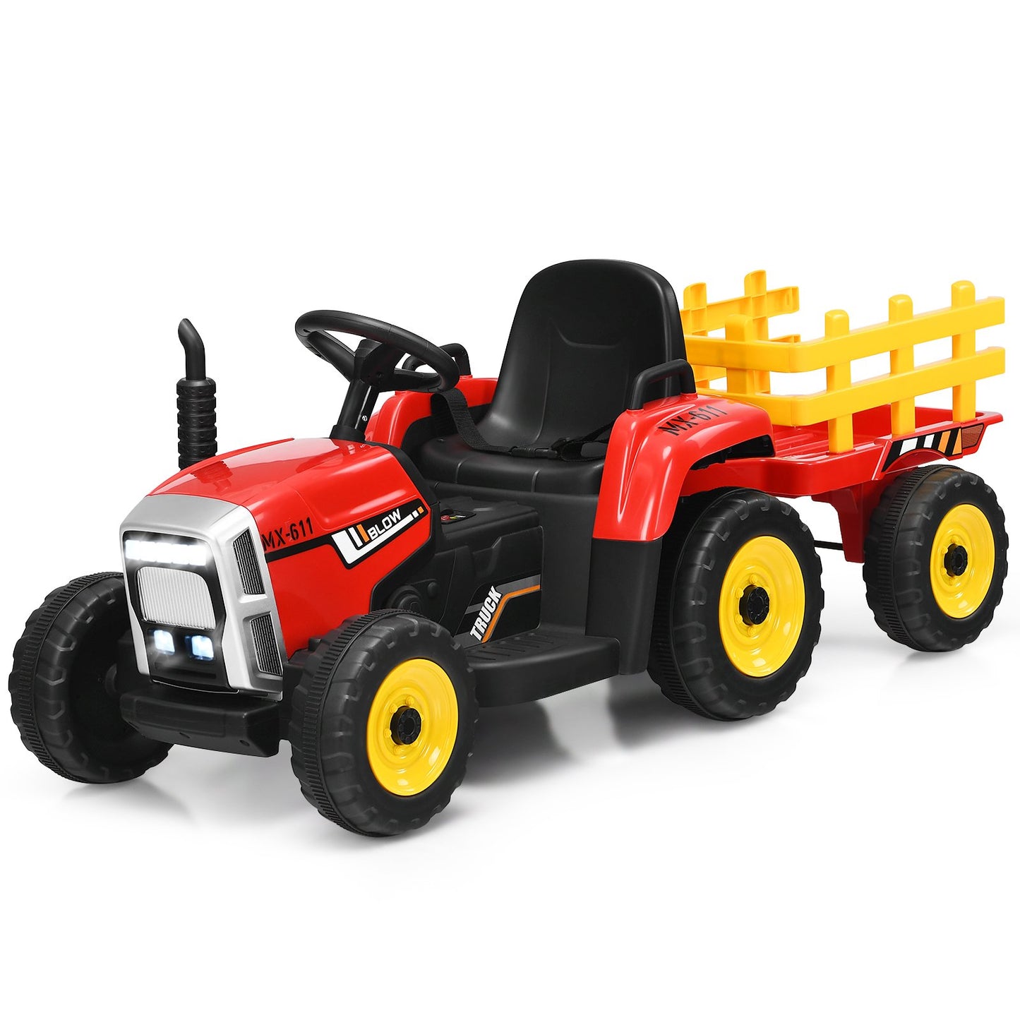 12V Kids Ride On Tractor with Trailer Music and LED Lights-Pink