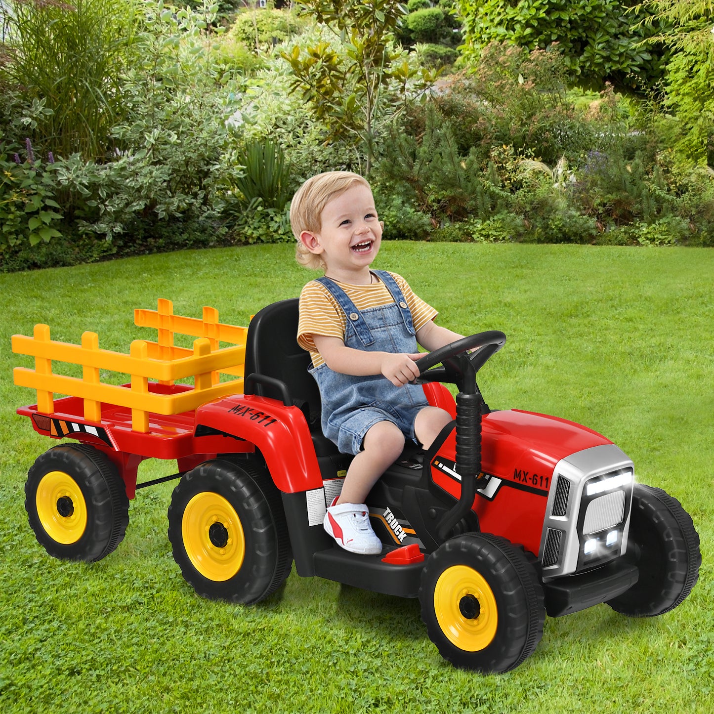 12V Kids Ride On Tractor with Trailer Music and LED Lights-Pink