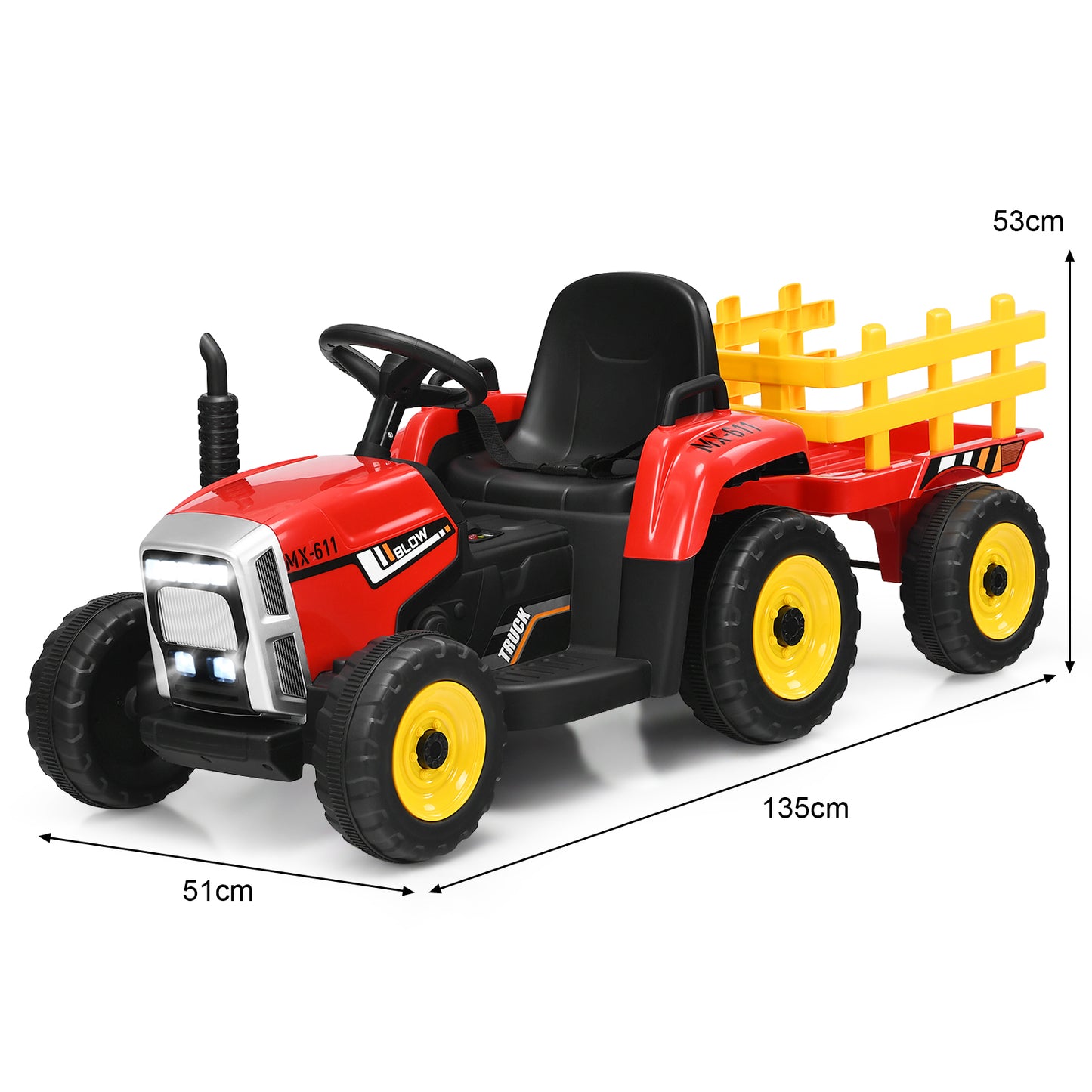 12V Kids Ride On Tractor with Trailer Music and LED Lights-Pink