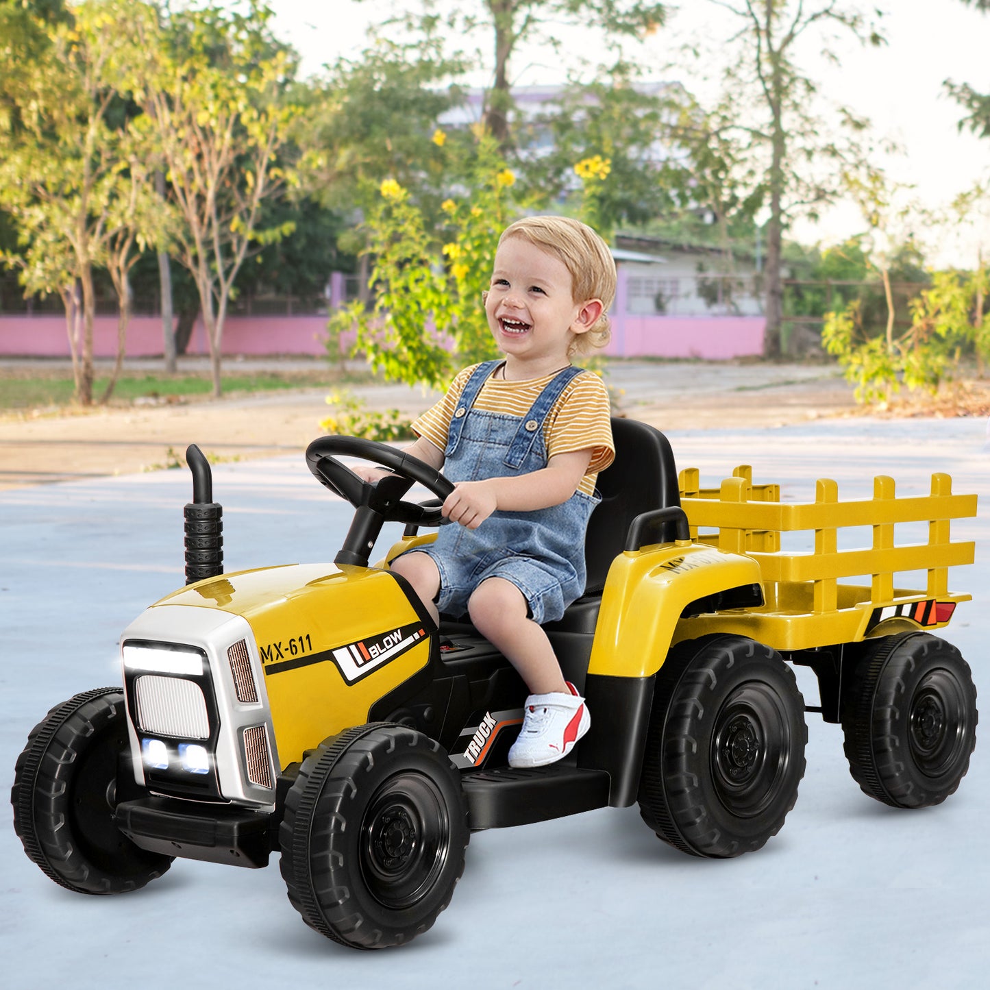 12V Kids Ride On Tractor with Trailer Music and LED Lights-Pink