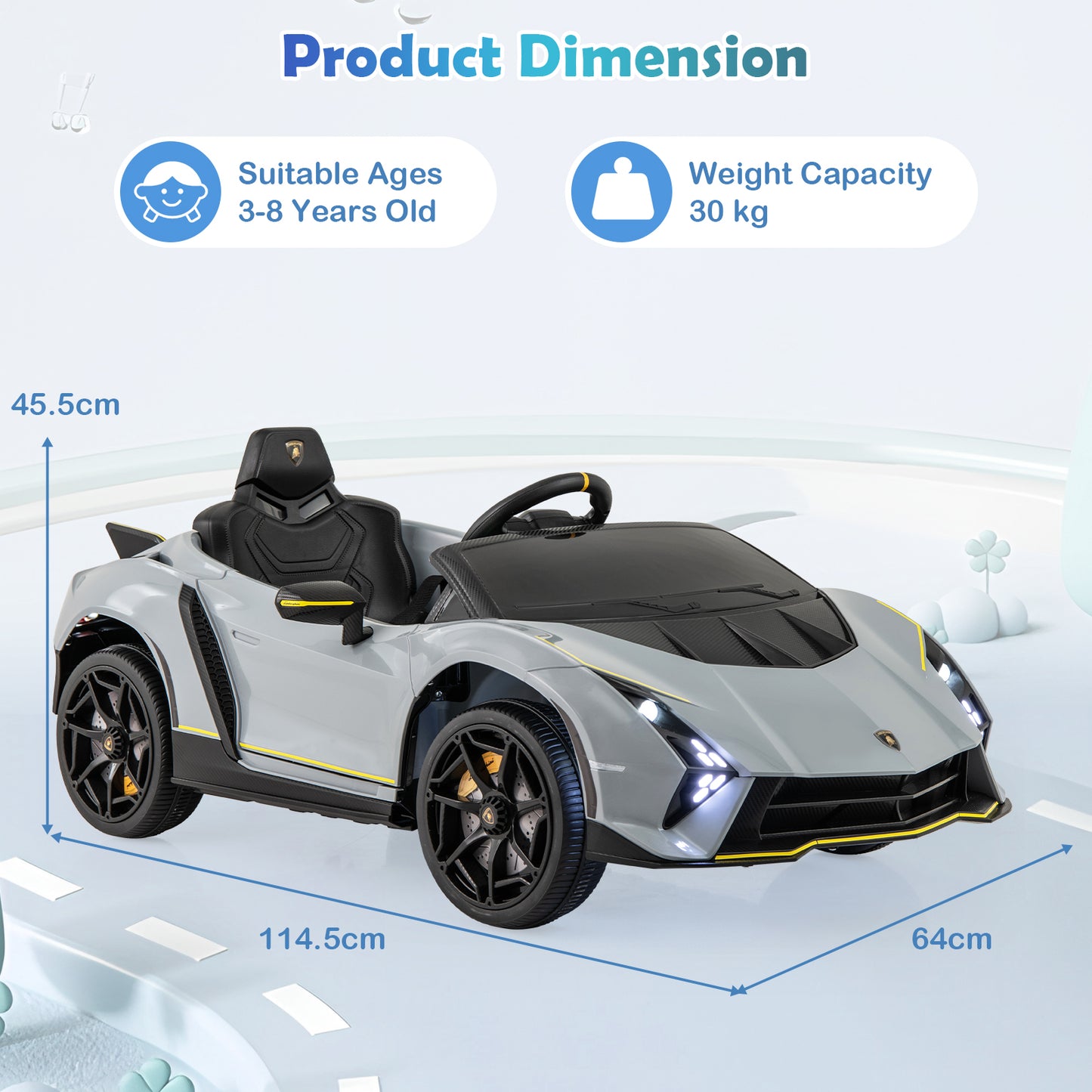12V Kids Ride on Car 4WD Lamborghini Licensed with 3 Speeds and Music-Grey
