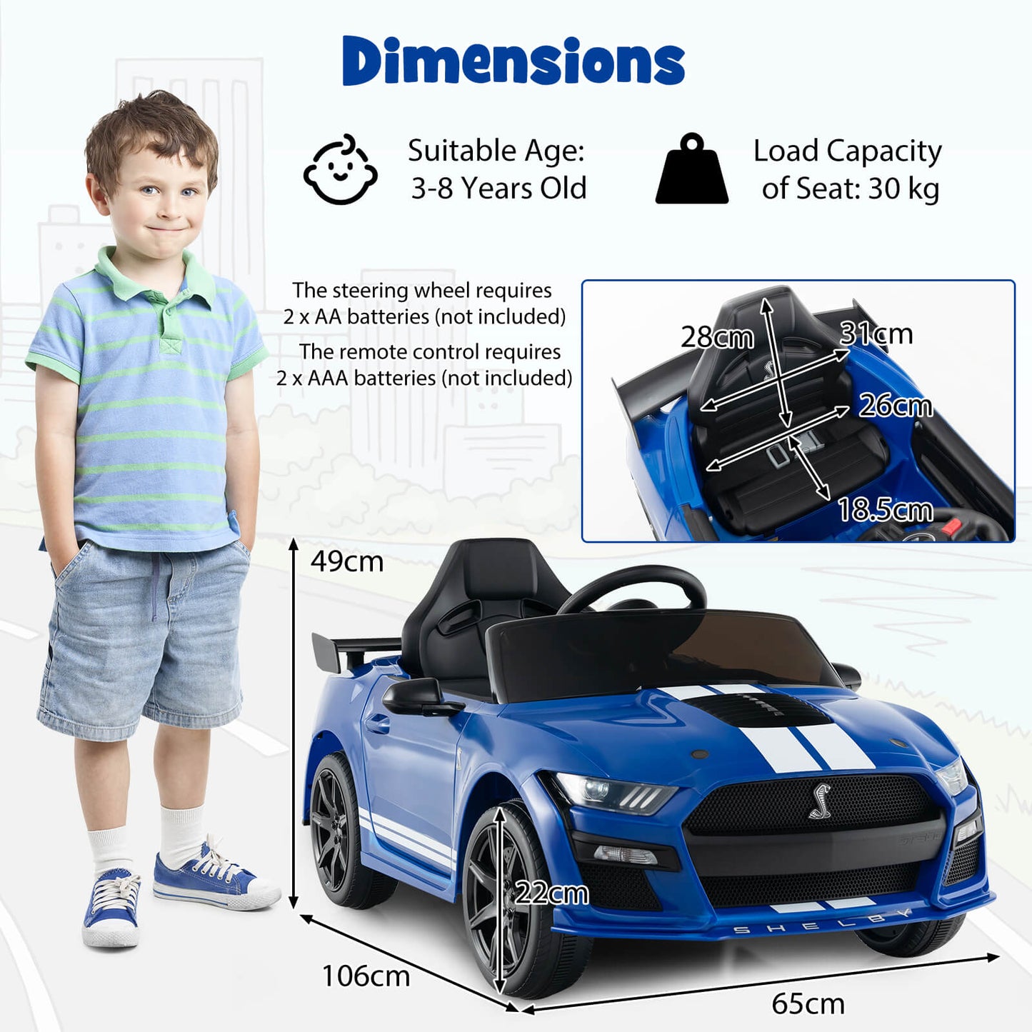12V Kids Ride on Car Electric Licensed Ford Mustang Shelby GT500 for Kids Aged 3-8-Black