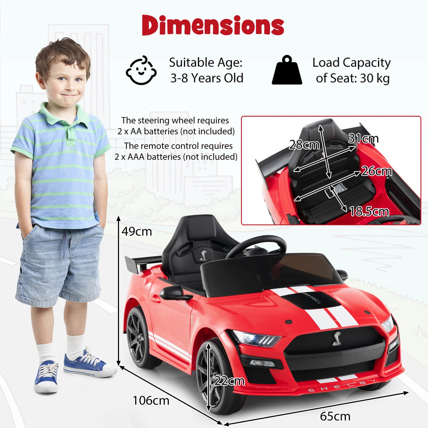 12V Kids Ride on Car Electric Licensed Ford Mustang Shelby GT500 for Kids Aged 3-8-Black
