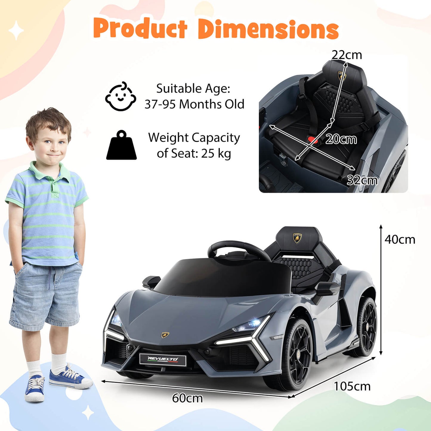 12V Kids Ride on Car with Hydraulic Doors Licensed Lamborghini Revuelto-Orange