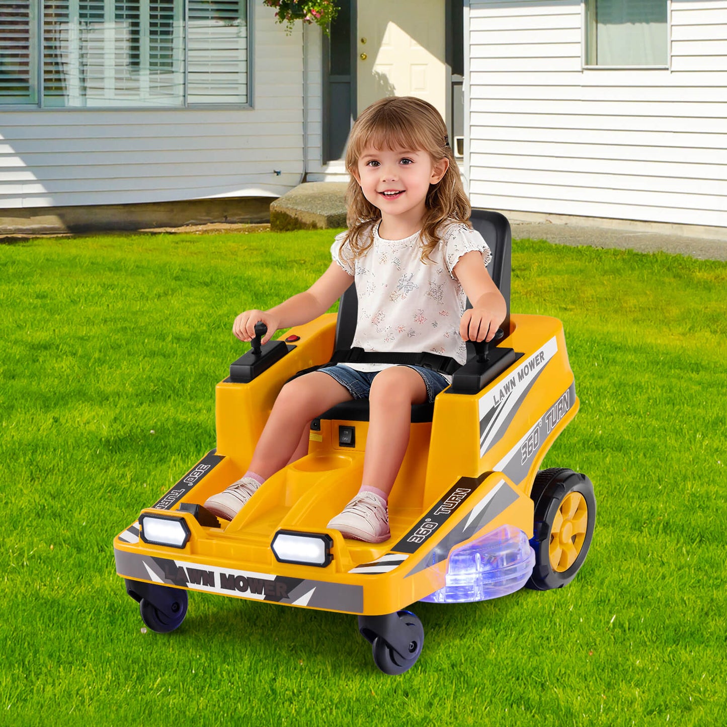 12V Ride on Lawn Mower for Kids with Dual Control Sticks and LED Lights-Green