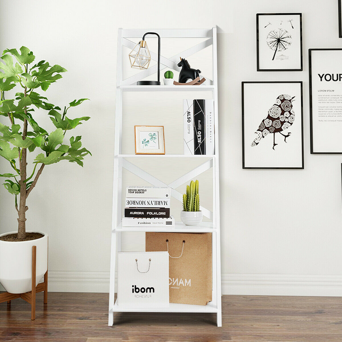 4 Tier Wooden Ladder Shelving Unit-Black