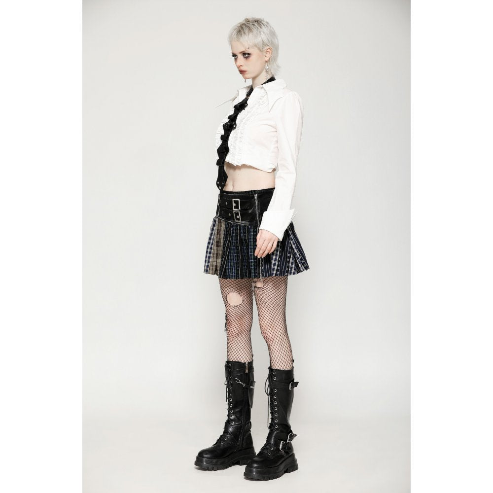 Dark in Love Sage Tartan Patchwork Leather-Waist Pleated Mini Skirt - Size UK 16 Left Only!