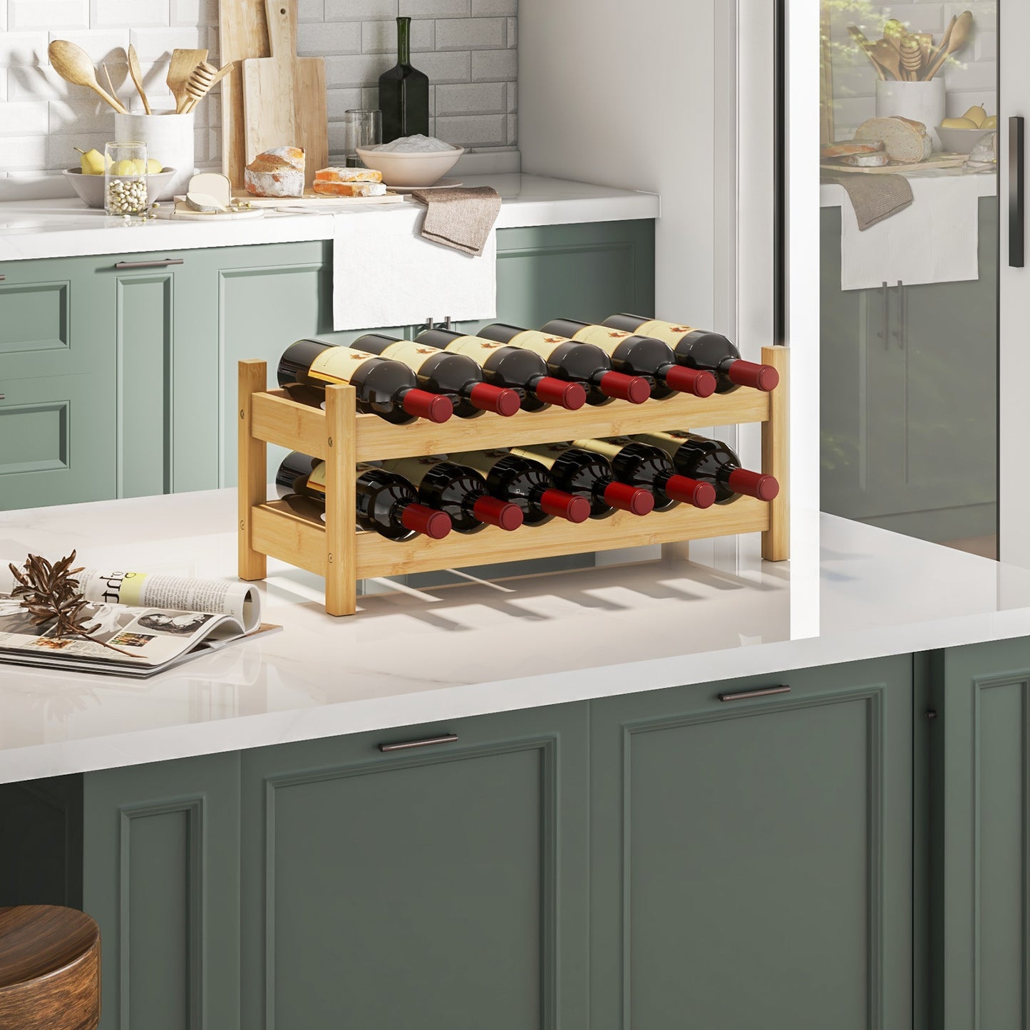 12 Bottle 2-Tier Wine Rack for Kitchen-Coffee