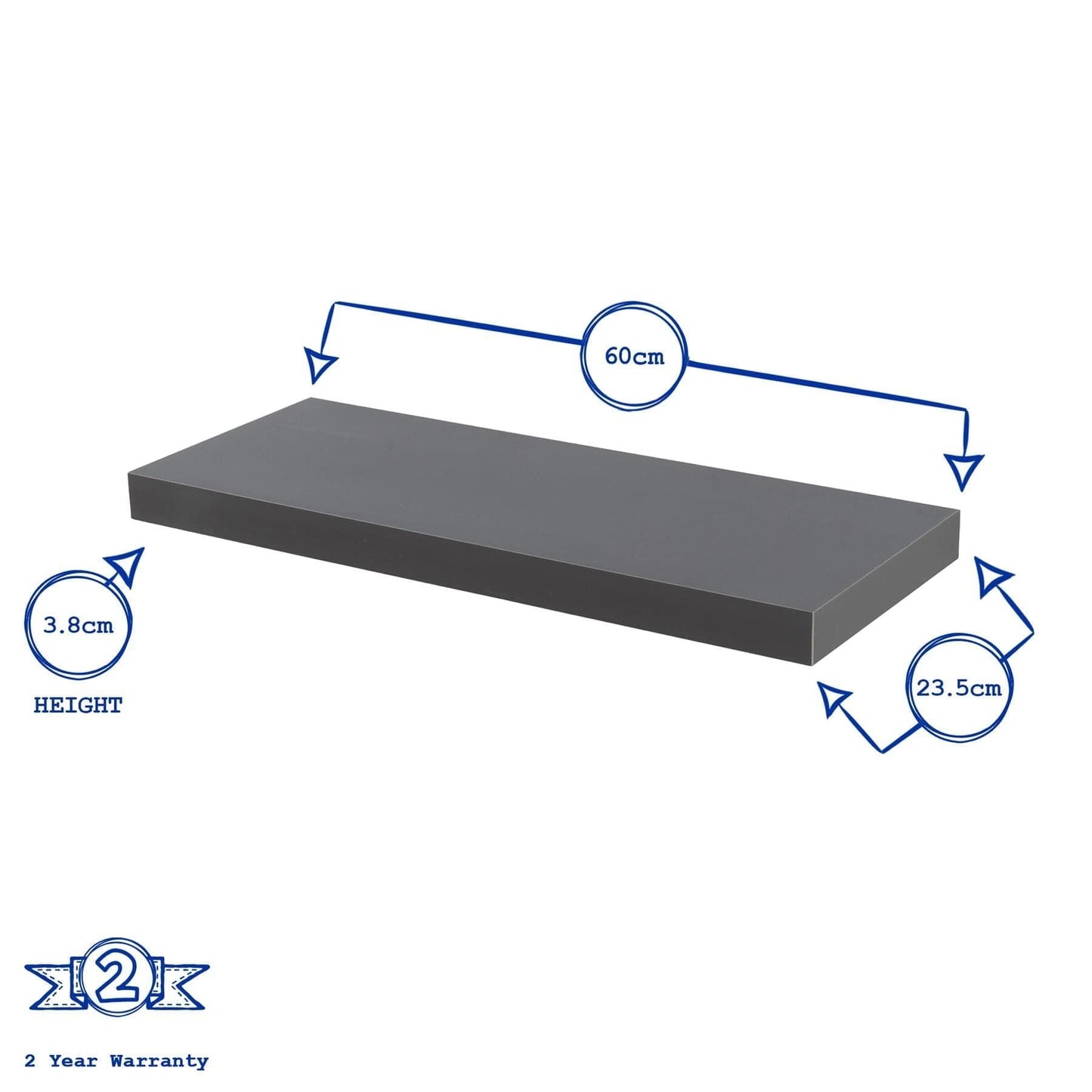 60cm Grey Modern Floating Shelves - Pack of Two