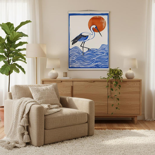 Minimalist Crane Wall Art Poster with Hanger - Japanese Ocean Prints - Modern Home Decor