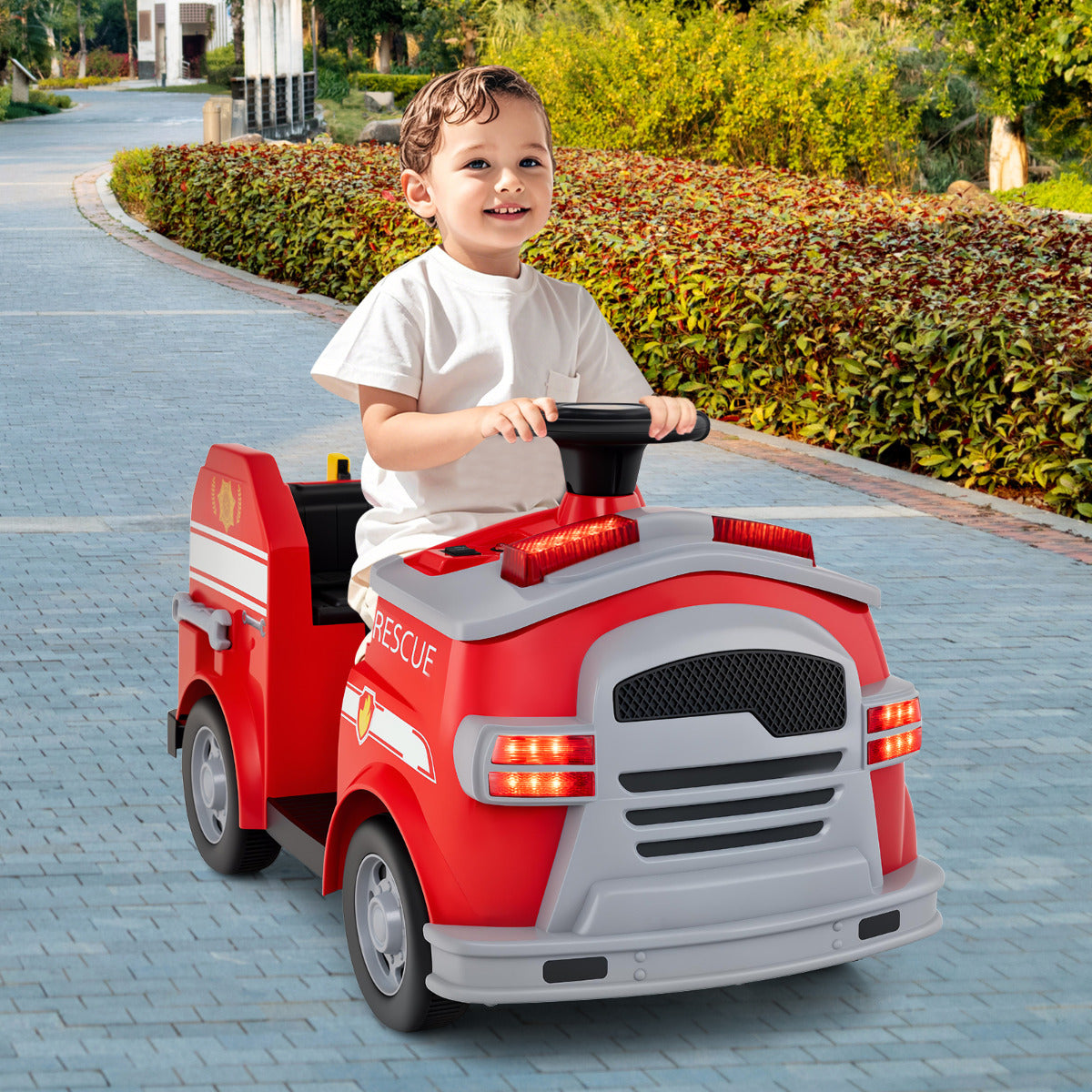 12V Kids Ride on Fire Truck with Shovel and Wrench-Green