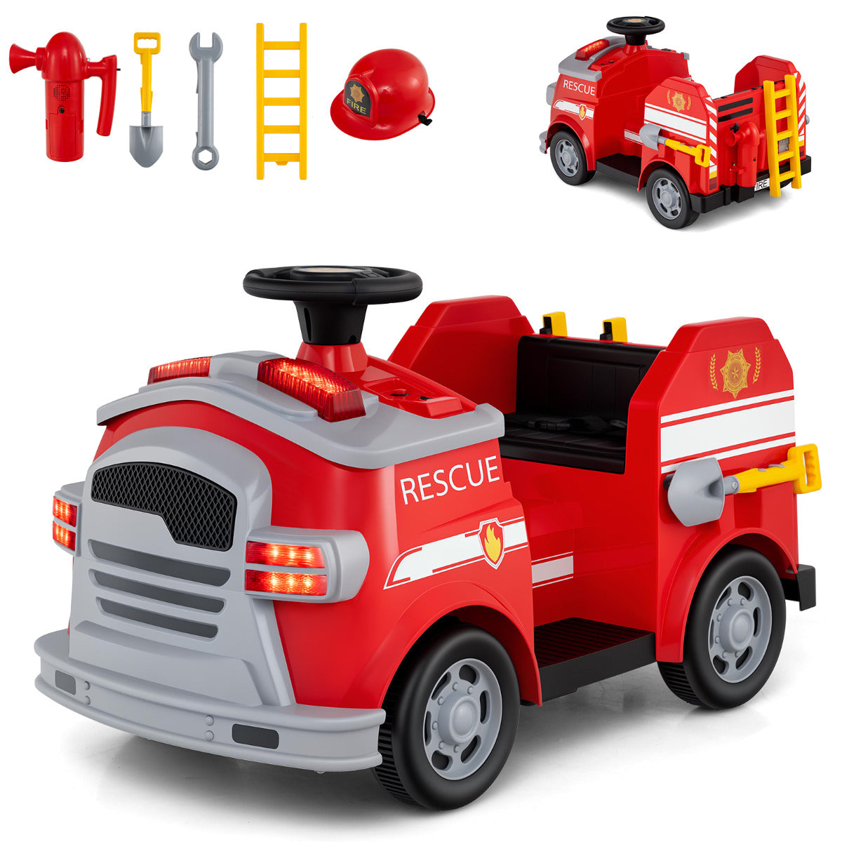 12V Kids Ride on Fire Truck with Shovel and Wrench-Green