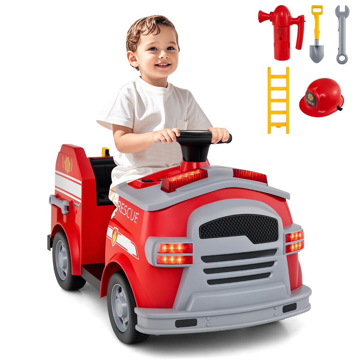 12V Kids Ride on Fire Truck with Shovel and Wrench-Green