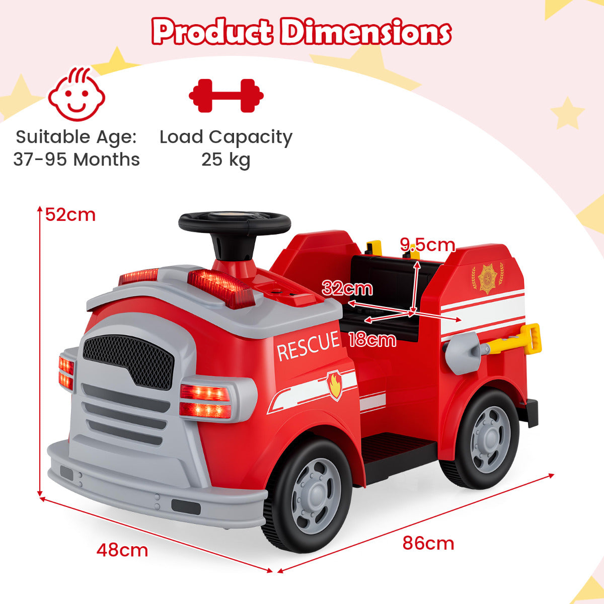 12V Kids Ride on Fire Truck with Shovel and Wrench-Green