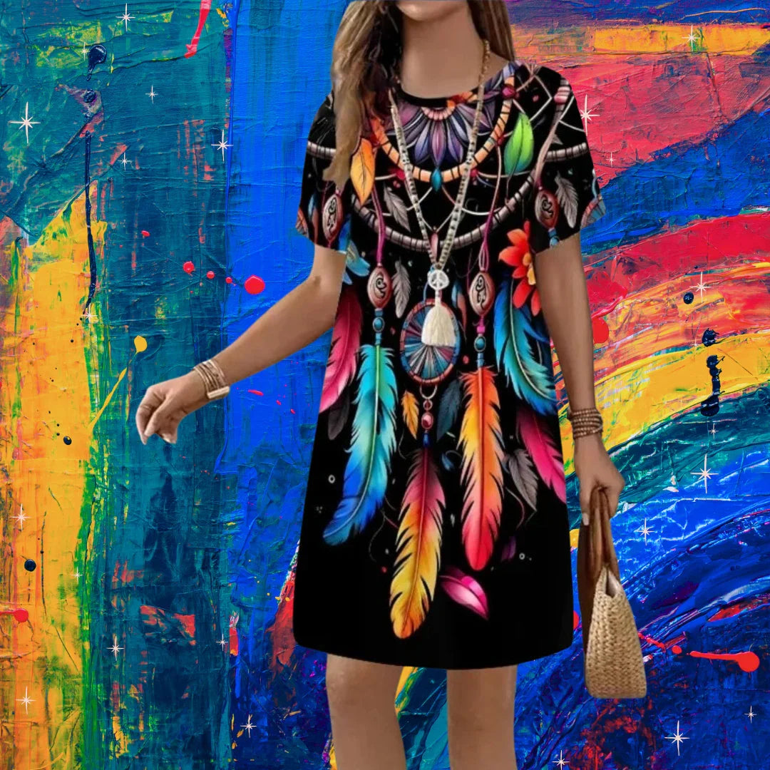 Boho 3D Flower & Feather Print Dress – Women's Loose Fit Summer Mini Dress with Short Sleeves