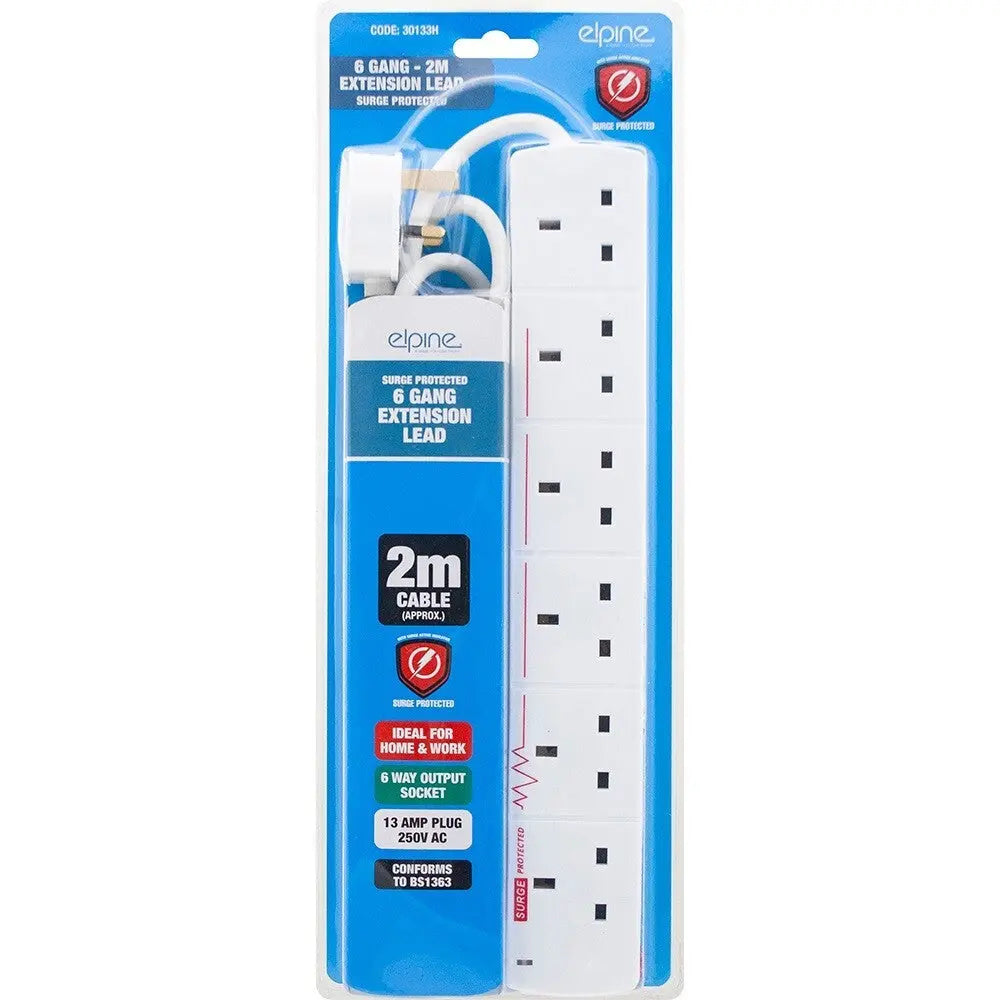 6 Gang Extension Socket Lead Cable Electric 13a Mains Power Adaptor Surge 2m
