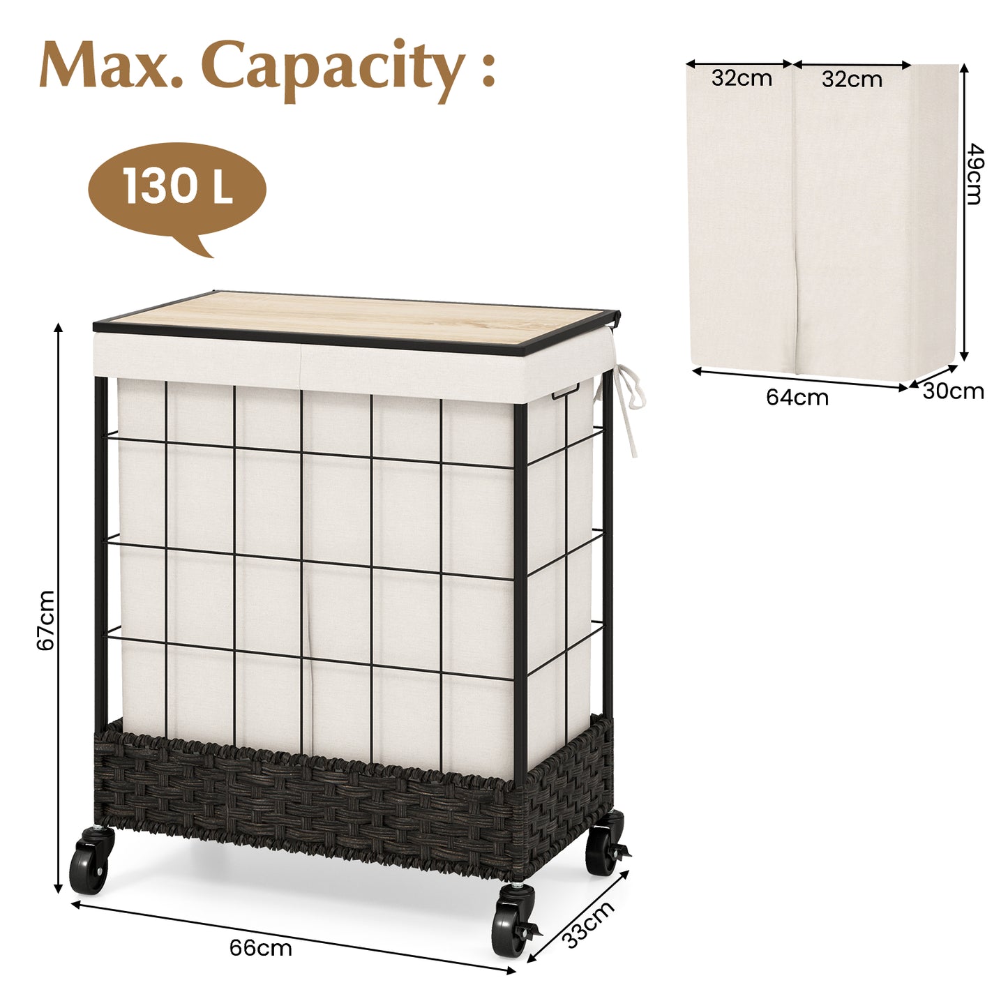 130L Handwoven Rattan Laundry Hamper with Lid and Lockable Wheels-Black