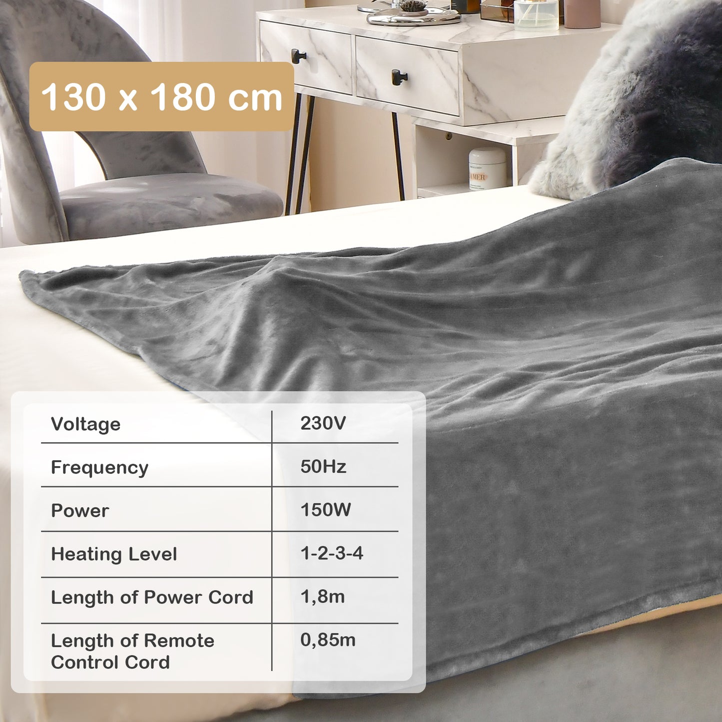 130 x 180 cm Electric Heated Blanket with 4 Heating Levels-Blue