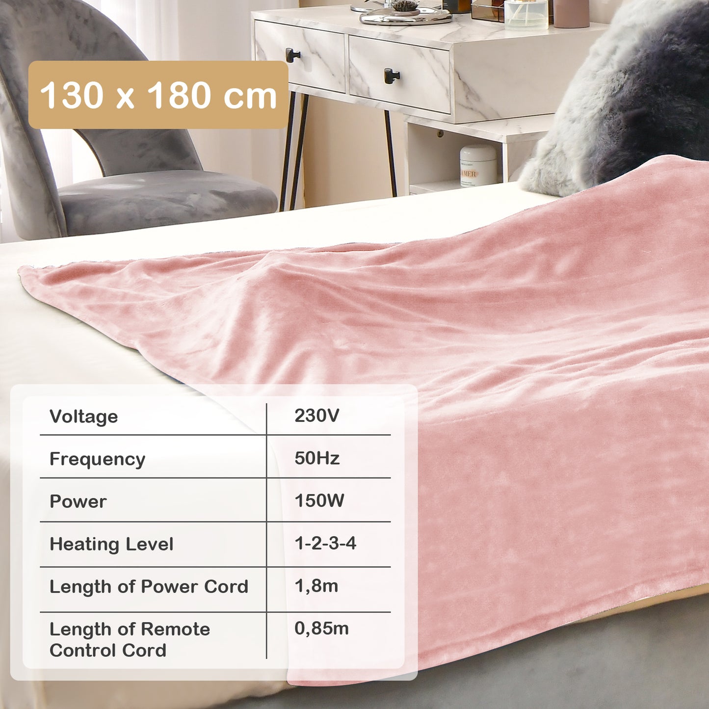 130 x 180 cm Electric Heated Blanket with 4 Heating Levels-Blue