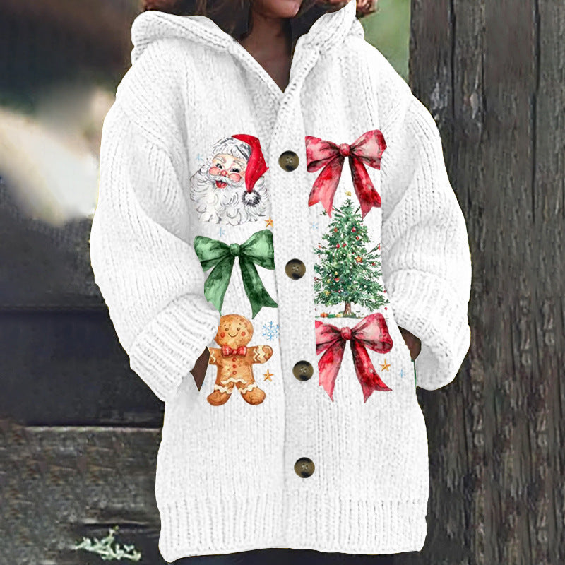 Women's Faux Wool Sweater Loosefit Jacquard Hooded Jacket