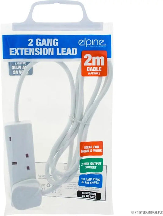 Extension Lead 2 Way 13A Fused UK Plug 2m Power Strip Cable White Adapter