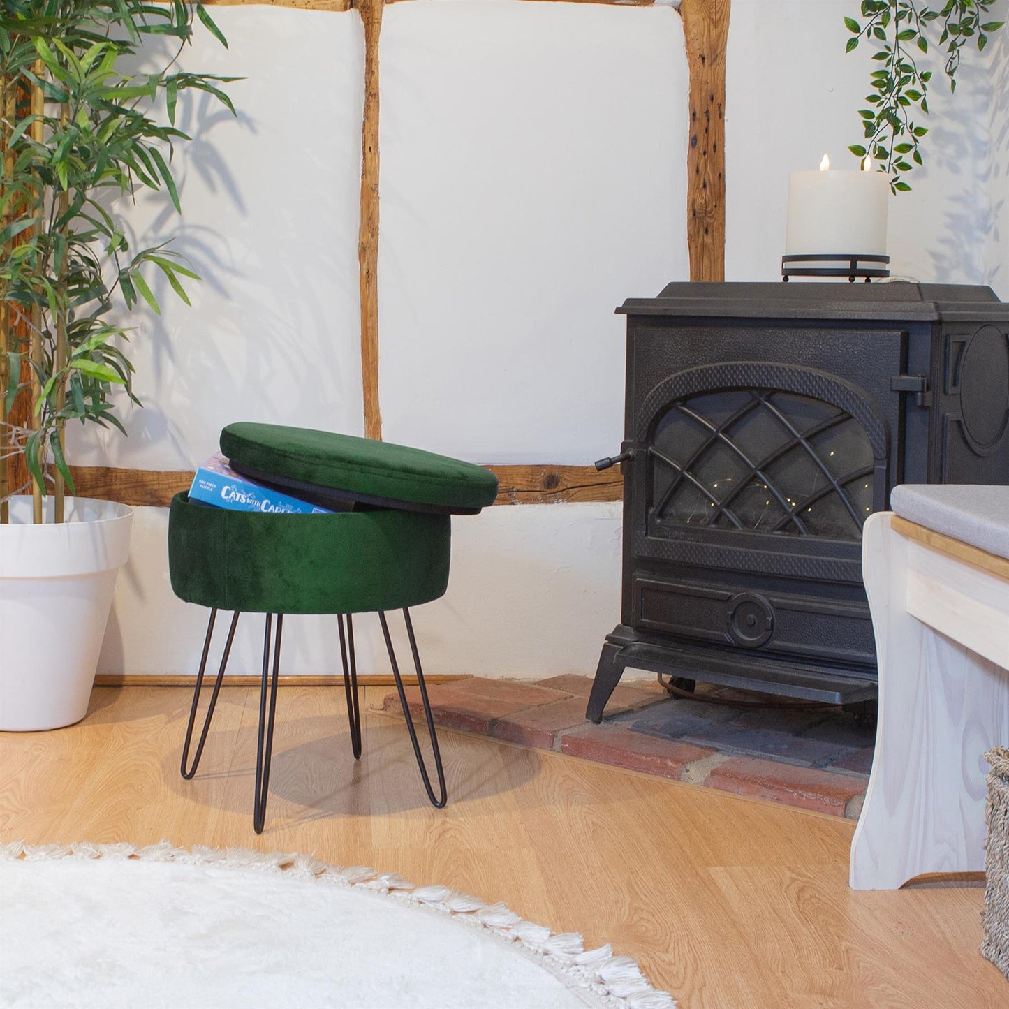 Green Round Velvet Storage Footstool